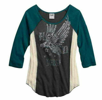 NEW Harley Womens  Colorblocked 3/4 Sleeve Raglan Top Phantom Large