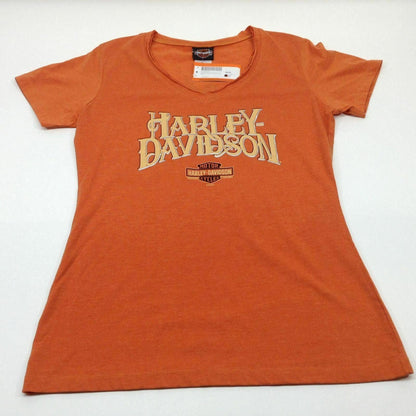 NEW Harley Womens Hustle Trademark B&S Raw Edge V-Neck Orange Short Sleeve M MED