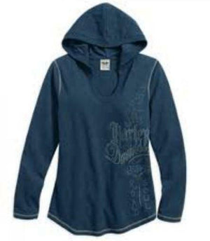 NEW Harley-Davidson Women's Long Pullover Fleece Lounge Hoodie Blue Extra Small