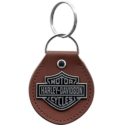 NOS Genuine Harley Metal Bar and Shield Brown Leather Fob Keychain PC4547