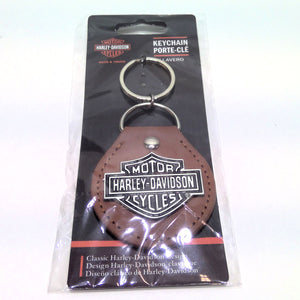 NOS Genuine Harley Metal Bar and Shield Brown Leather Fob Keychain PC4547