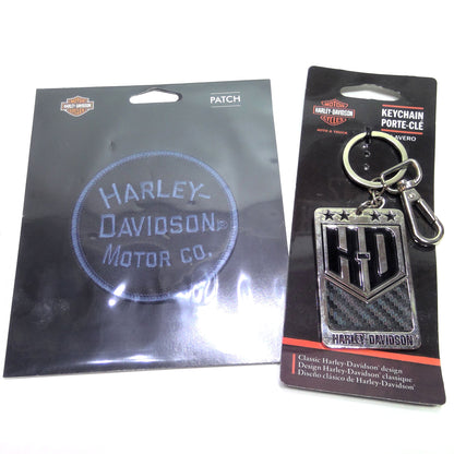 NEW Genuine Harley 3" Minimal Circle Patch and Carbon Fiber Flag Keychain Bundle