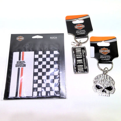 Genuine Harley 4" Checkered Patch, Sugar Skull & United We Ride Keychains Bundle