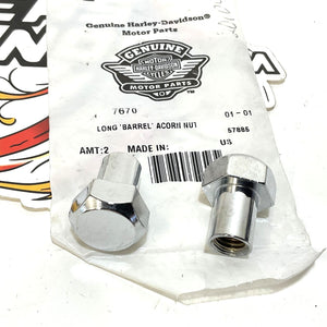 NOS Genuine Harley Chrome 2pc Long Barrel 3/8-16 Acorn Nuts 7670