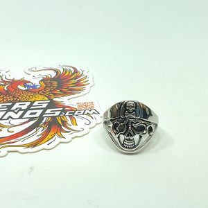 Large Men's Eye Patch Skull and Pirate Hat "Biker" Size 14  Stainless Ring