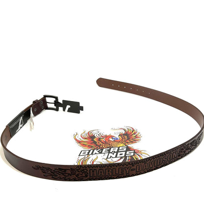 NEW Harley Mens 38" Tooled Flames HD Logo Genuine Leather Belt Brown BMM031/0138