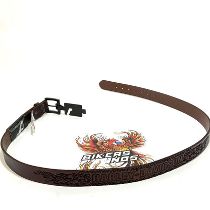 NEW Harley Mens 44" Tooled Flames HD Logo Genuine Leather Belt Brown BMM031/0144