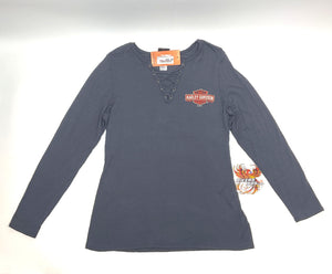 Harley Womens 1X Winner Circle Long Sleeve Laced V-Neck Shirt Gray HT4835IRN-1X