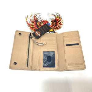 NEW Harley Bar & Shield Washed Leather Mens Tri-Fold Wallet Brush MWM057/39