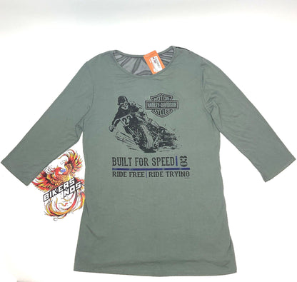 Harley Womens LG Break Out Scoop Neck 3/4 Sleeve Shirt Olive Green HT4783OLG-LG