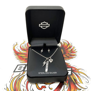 NEW Harley Women's 16" Lightening Charm Necklace & Earring Set Silver 34S00018