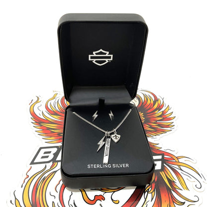 NEW Harley Women's 16" Lightning Charm Necklace & Earring Set Silver 34S00018