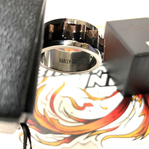 NEW Harley Mens Size 11 Curved Tri Tone Stack Ring Stainless Steel Black/Brown