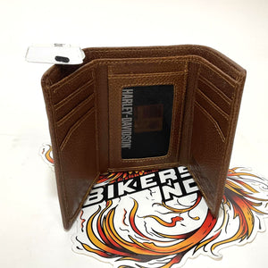Harley Mens Bar & Shield Plate Tri-Fold Leather Wallet Yellow Brown MWM044/15