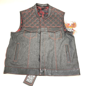 Unik International Mens 2XL Denim Leather Vest Red Stitching 6678-2X
