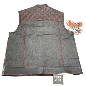 Unik International Mens 2XL Denim Leather Vest Red Stitching 6678-2X