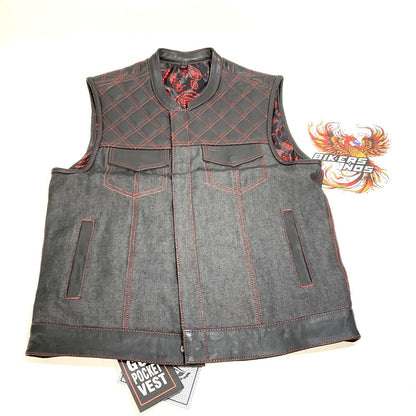 Unik International Mens Size Large Denim Leather Vest Red Stitching 6678-LG
