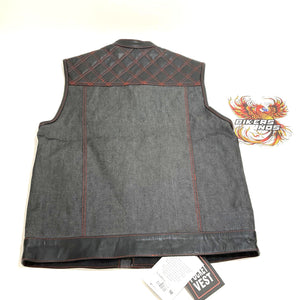 Unik International Mens Size Large Denim Leather Vest Red Stitching 6678-LG