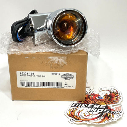New Genuine Harley Bullet-Style Front Turn Signal Assembly Smoked Lens 69203-03