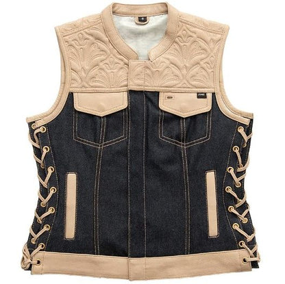 NEW MFG First Womans Light Tan Leather & Denim Vest Large L010-L