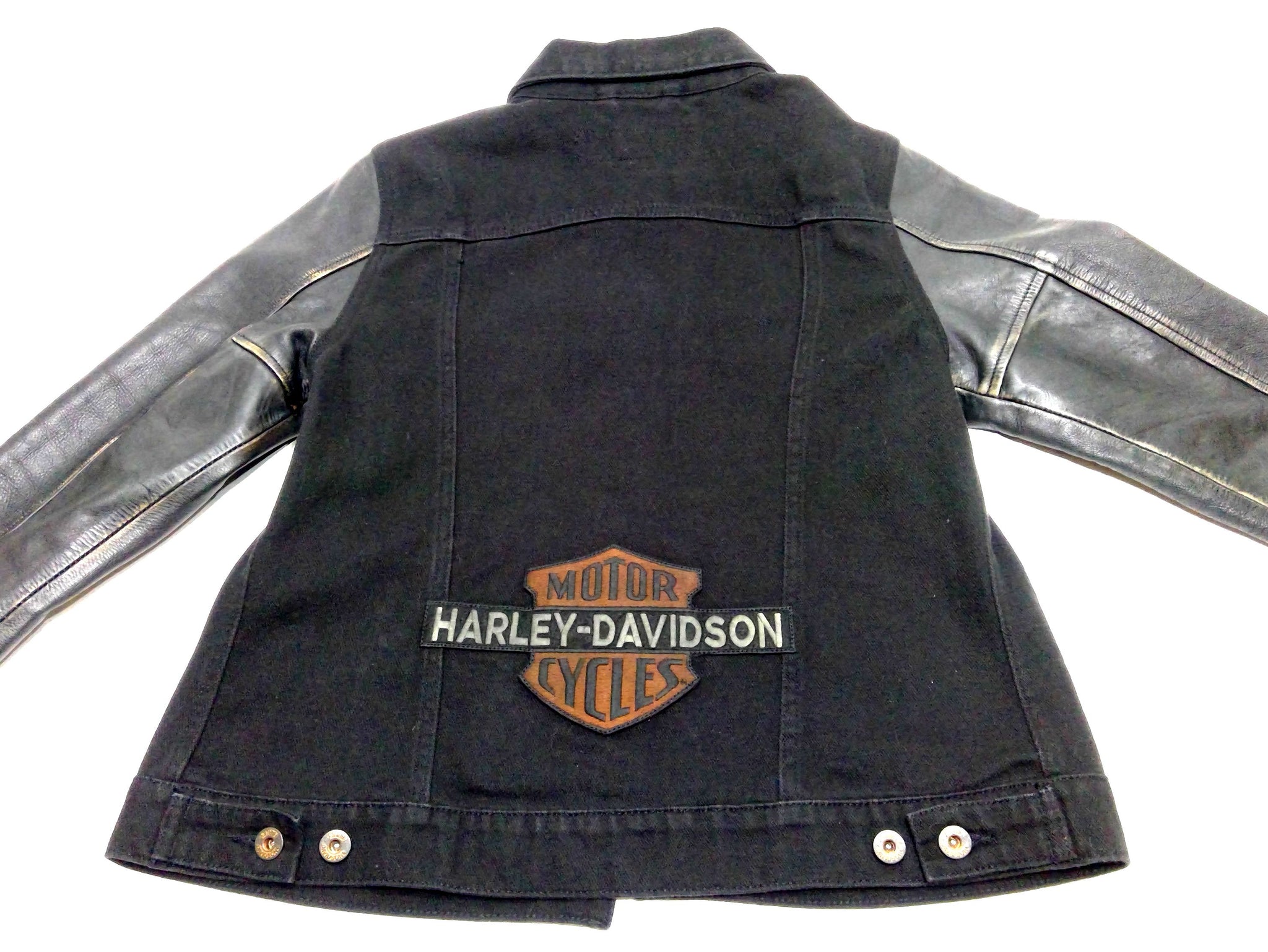 NEW Harley-Davidson Womens Small Leather Sleeves Denim Jacket