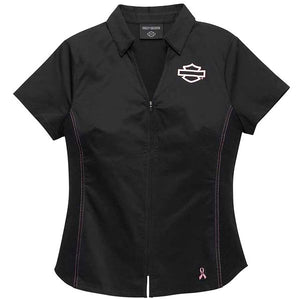 NEW Women Harley-Davidson Pink Ribbon Label Zip Black Shirt Small 96283-23VW